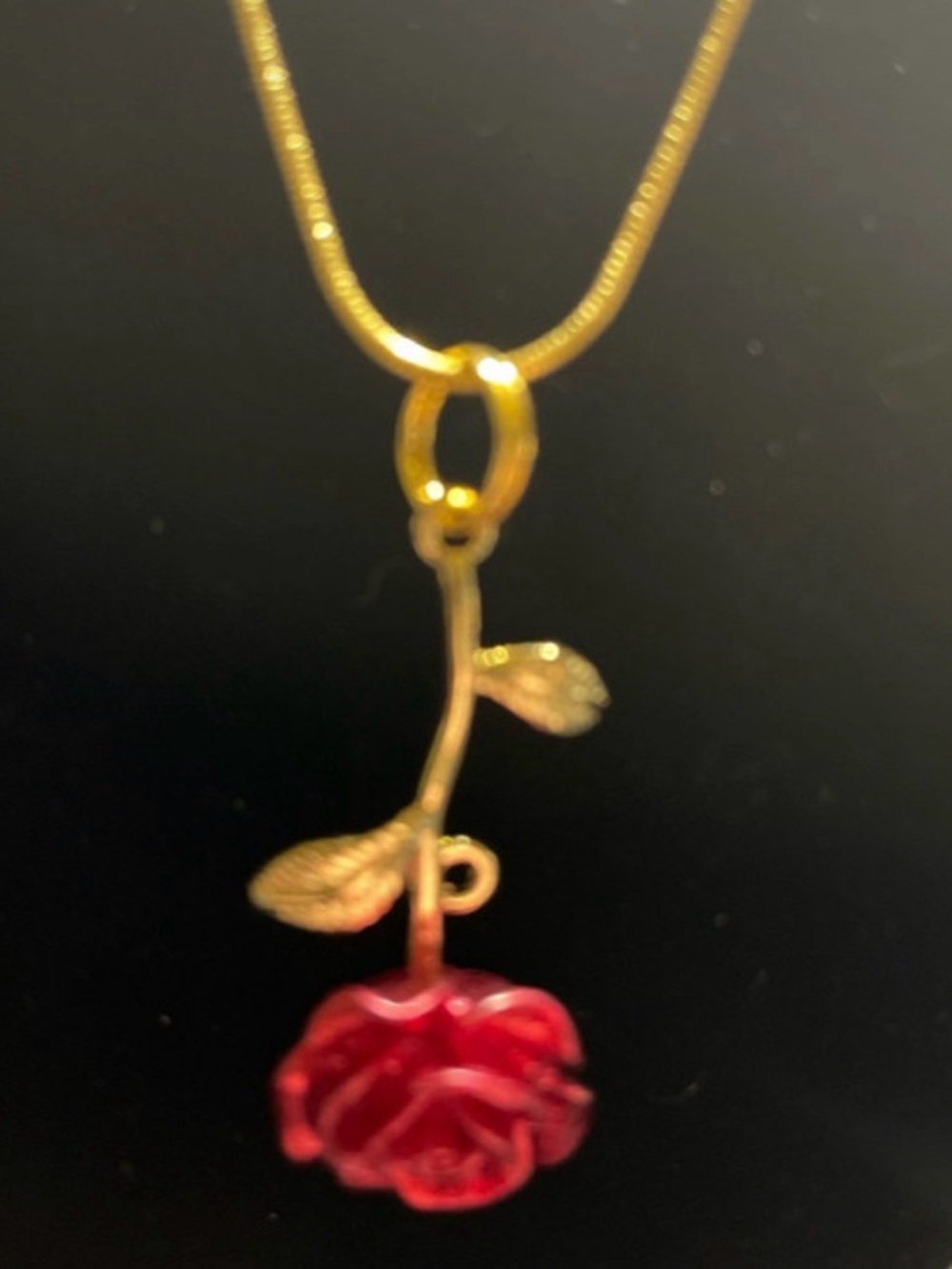 New Beauty and the Beast Style Gold-Tone Necklace with Red Rose Pendant